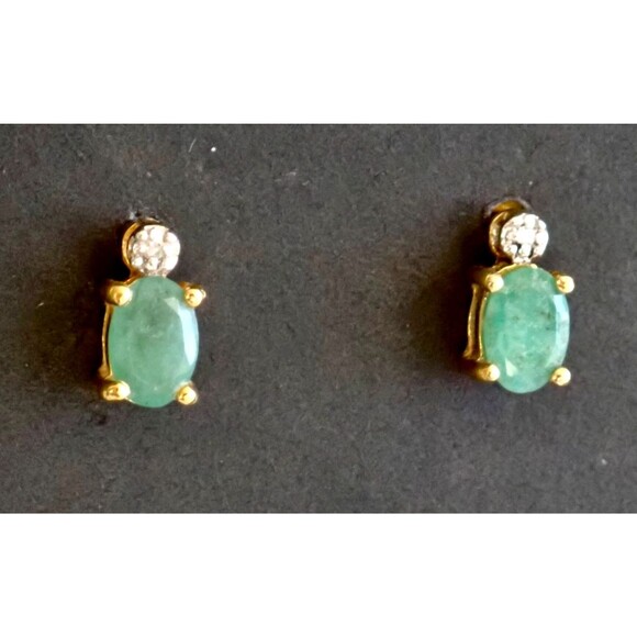 DBJ Jade & Diamond Sterling Silver Prong Set Stud Post Earrings 6mm Signed Thai - Picture 2 of 11